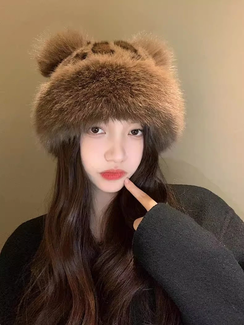 小熊耳朵豹纹加绒蒙古帽女款秋冬天仿皮草加厚保暖时尚百搭包头帽