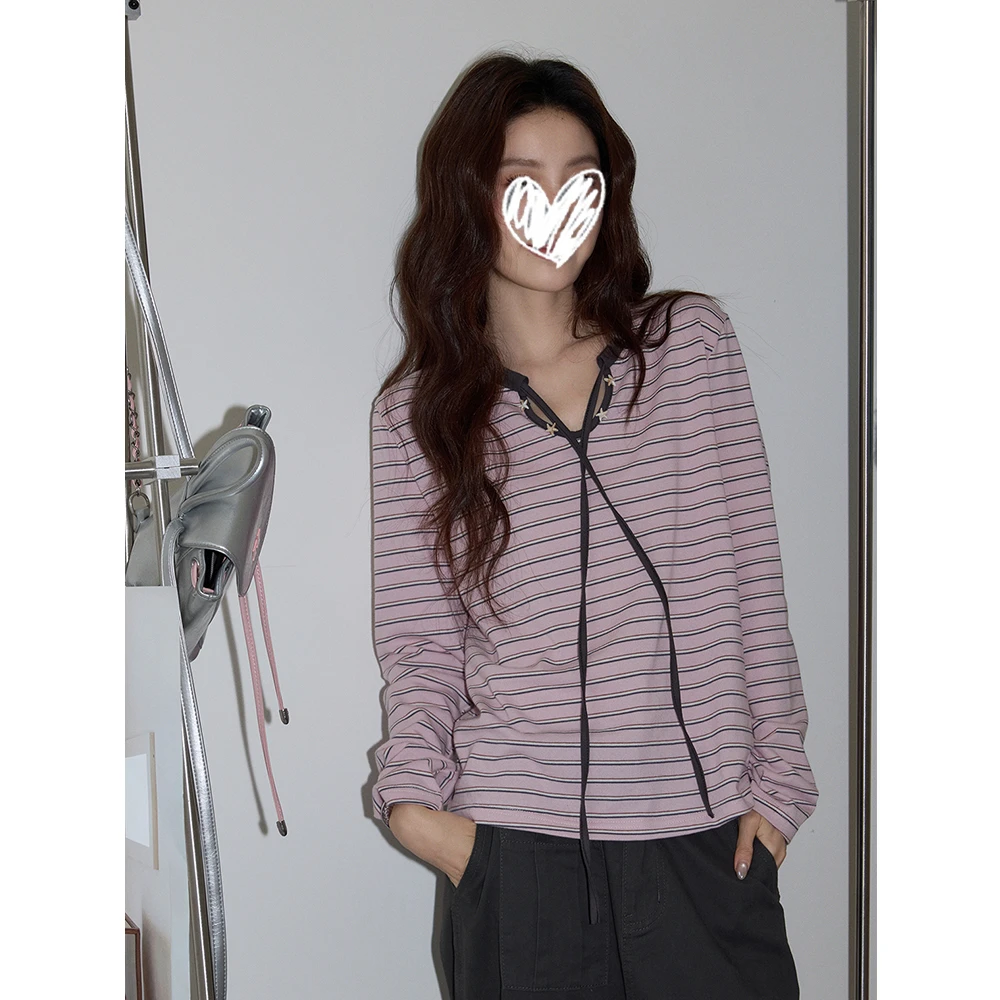 美式休闲粉色条纹圆领长袖T恤女2025秋季气质宽松显瘦内搭上衣