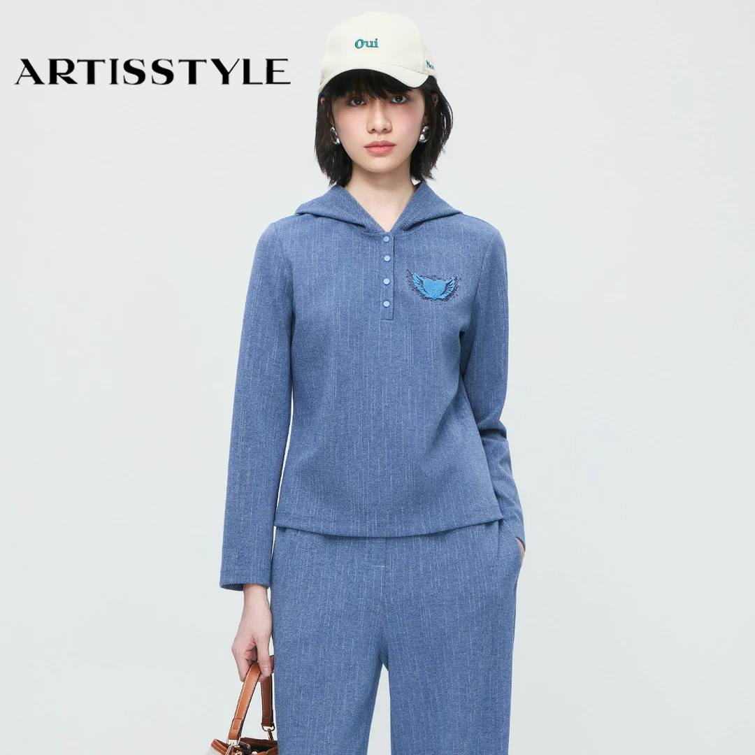 斯玳女装2025秋季新款 浅海军蓝运动风带帽卫衣AS2316404-024