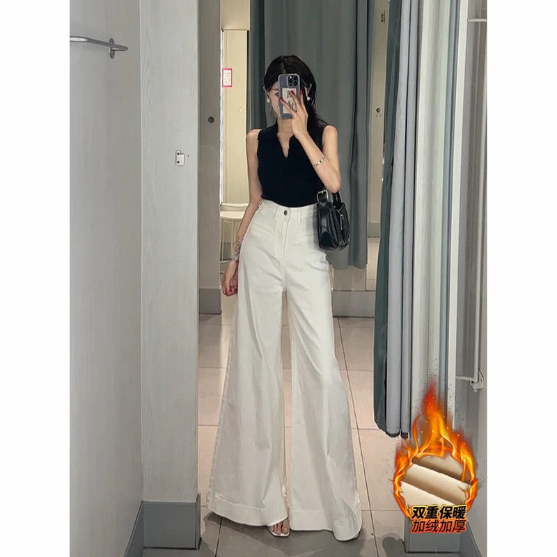 白色高腰超阔腿加绒牛仔裤女2025年冬季新款显高显瘦百搭拖地长裤