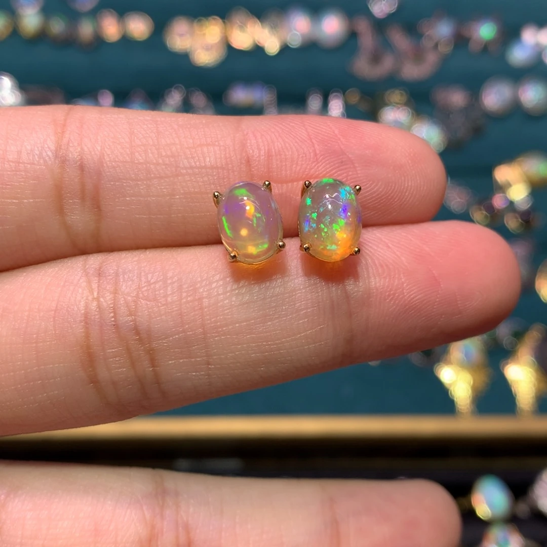 银S925镀金镶嵌欧泊耳钉