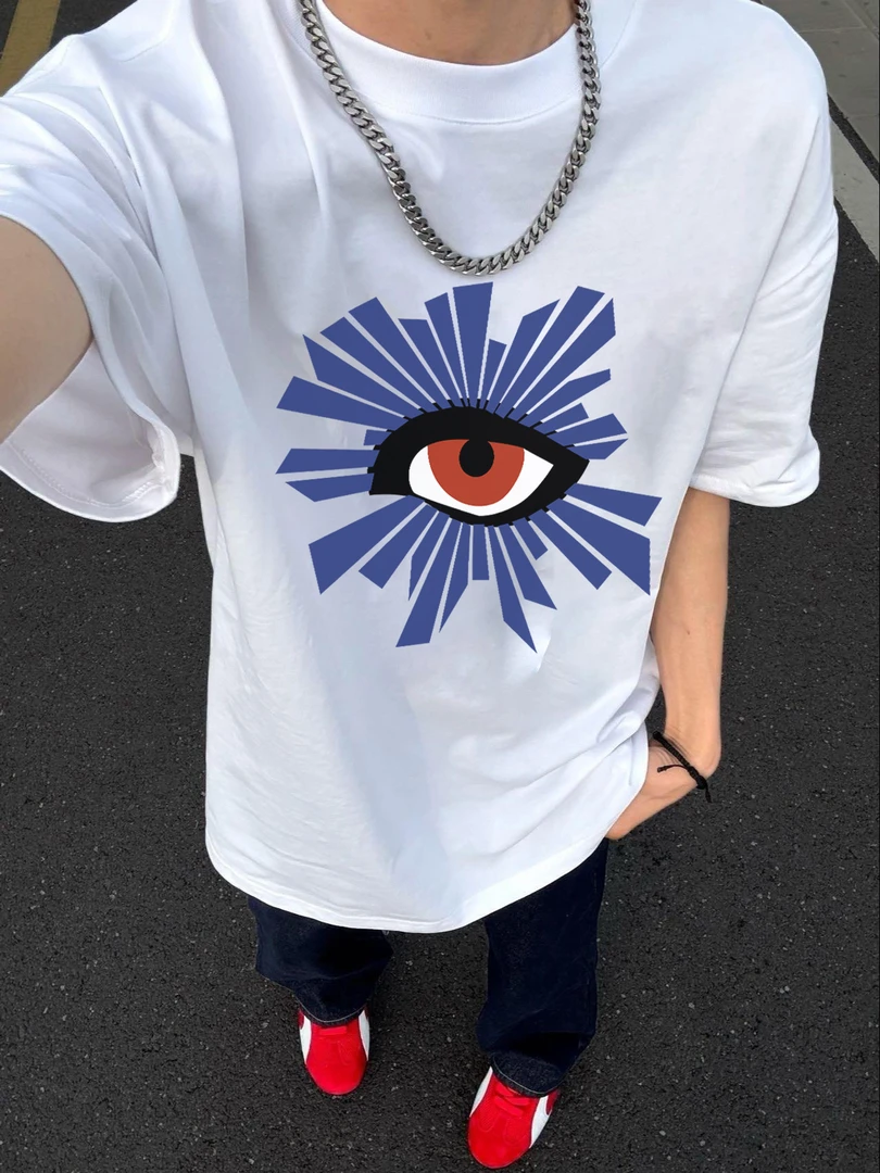 美式恶魔之眼印花潮牌高街潮流百搭宽松短袖情侣款男女圆领同款
