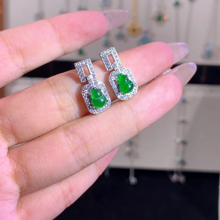翡翠银S925镶嵌耳饰674绿