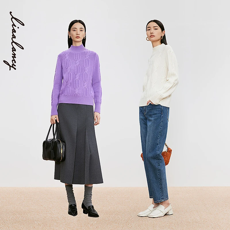 LANCY/朗姿2024冬新款纯羊毛半高领绞花针织衫女简约气质套头毛衣