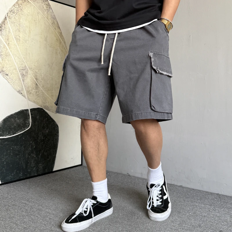 夏季美式休闲痞帅重磅深灰色大口袋工装短裤男宽松纯棉五分裤子潮