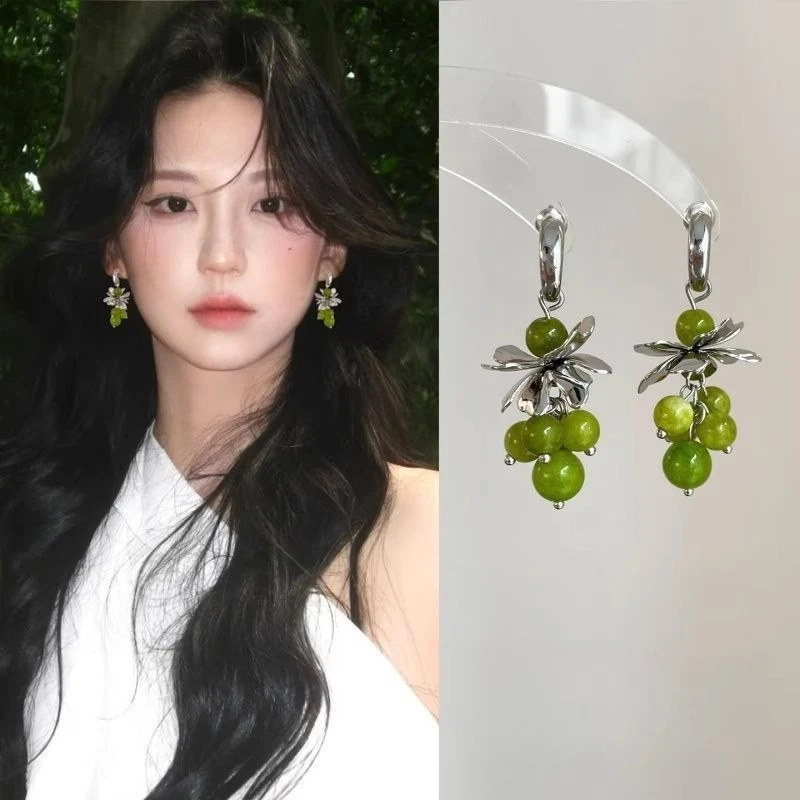 夏日青提~显白绿色葡萄串耳环女森系清新流苏耳钉高级感耳饰6393