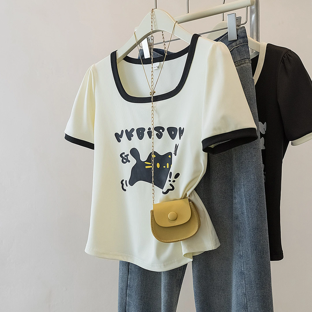 yoewshean/羽媗微胖妹妹短袖t恤大码女装宽松遮肚子显瘦方领上衣