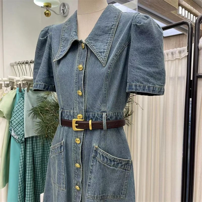 夏季新款韩版法式复古领单排扣高腰连衣裙带腰带女