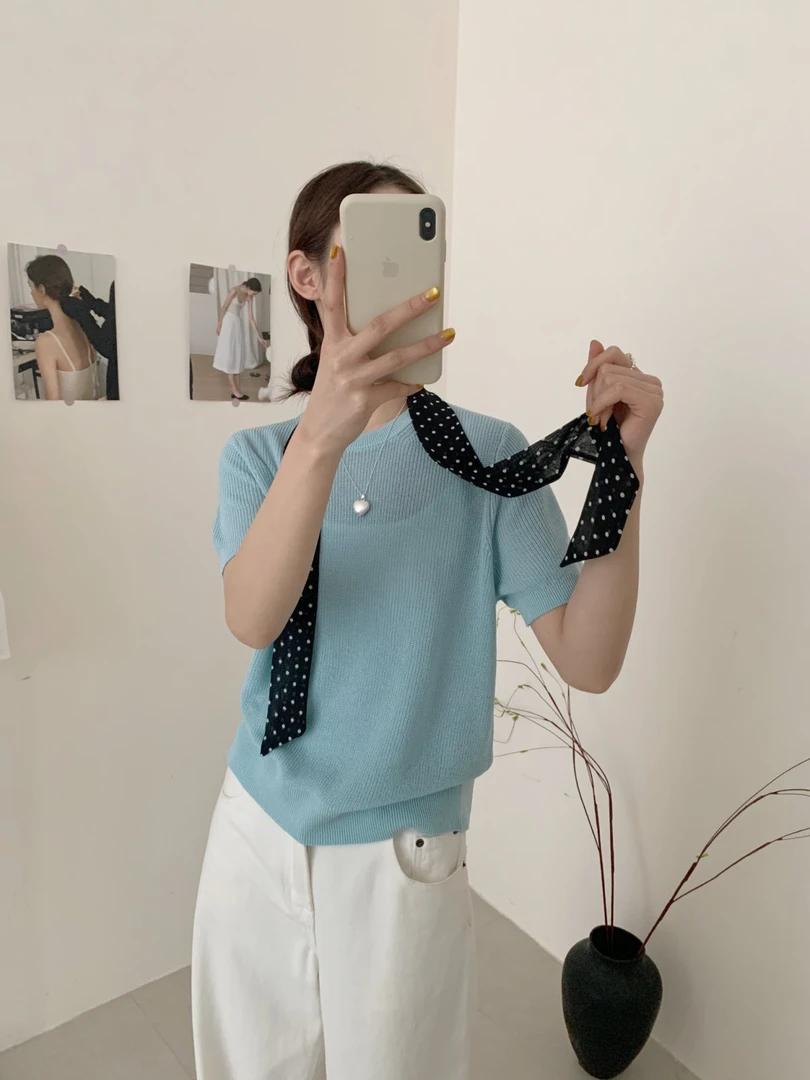 【素简.680108】春款上新天爽亚麻丝巾短袖红人上新混纺针织衫