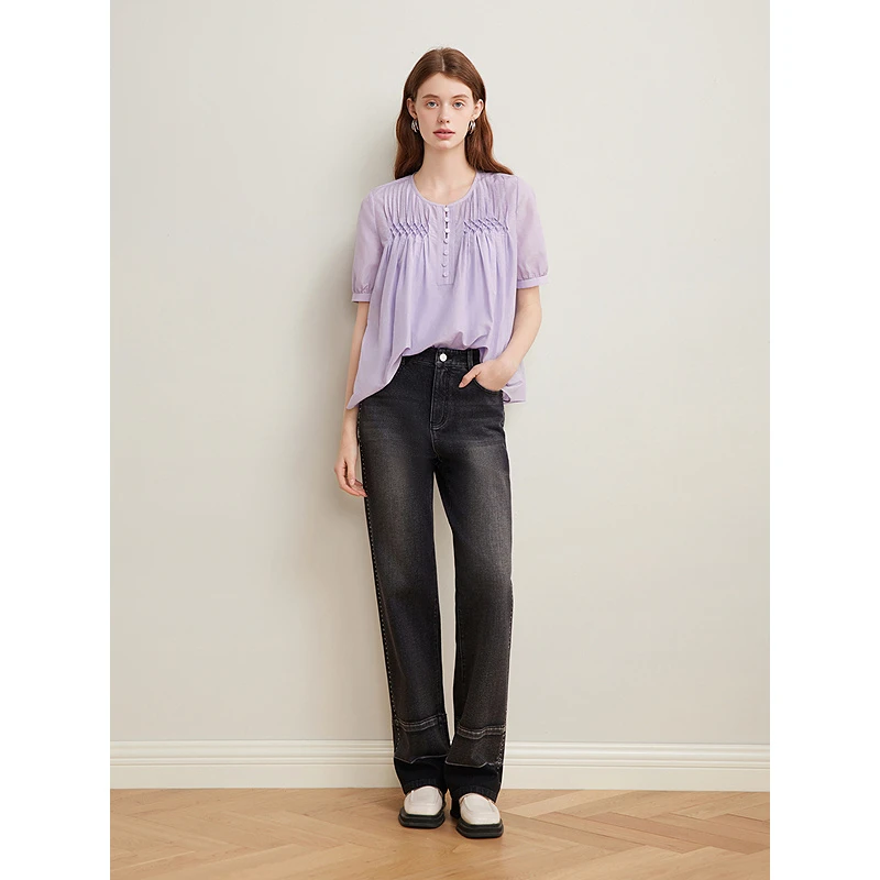 Goodland美地2025夏季新款丁香紫短袖衬衫法式小衫上衣LC35270680