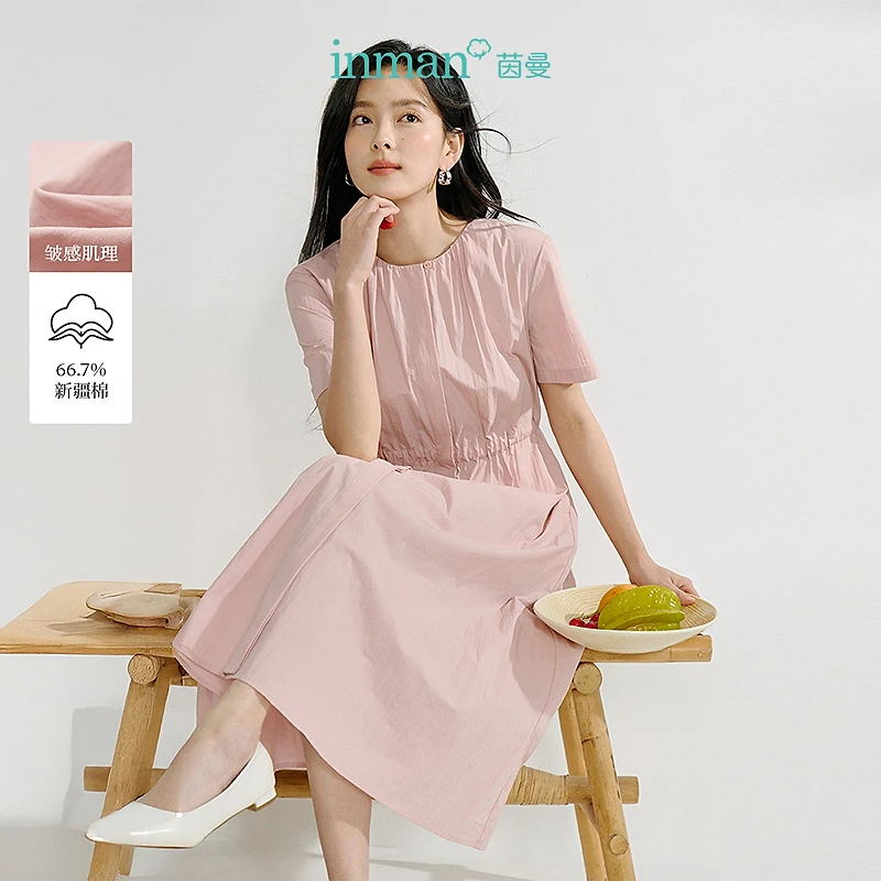 【年终狂欢购】茵曼夏季欧若风圆领抽褶腰带棉质混纺短袖气质连衣
