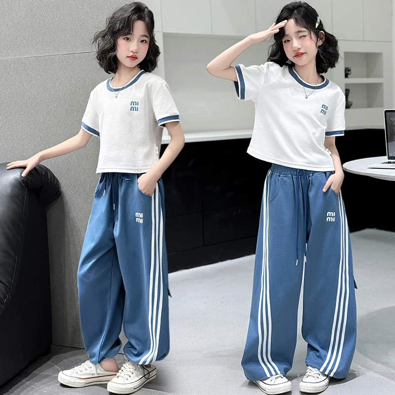 套装女童夏季新款洋气简约拉条套装6-12岁15中大童小女孩宽松套装