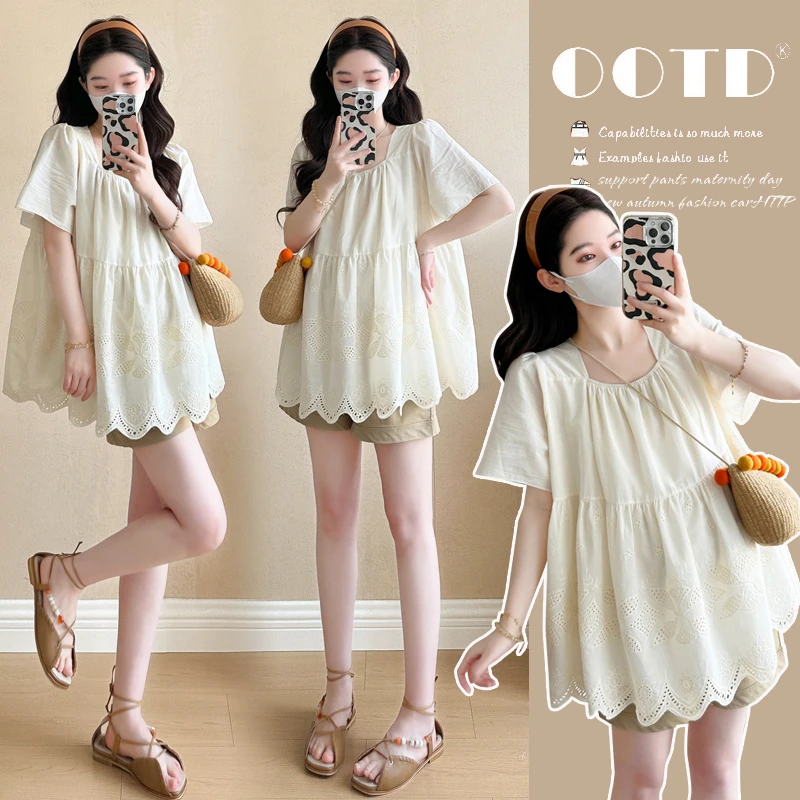实拍现货2025夏季新款孕妇韩版蕾丝刺绣减龄娃娃衫上衣