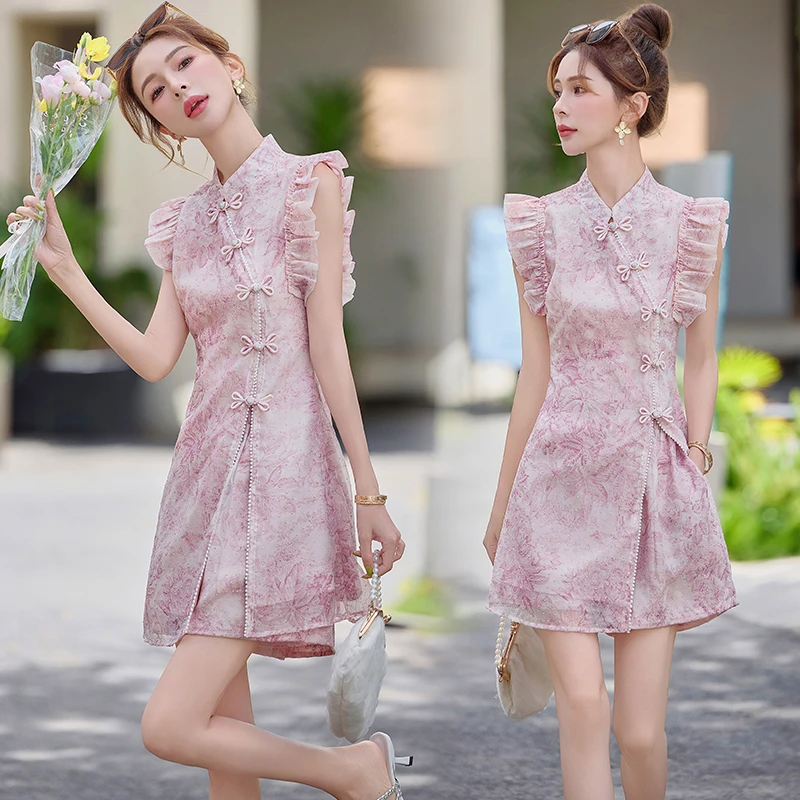 新中式国风盘扣套装女2025夏季新款小个子复古改良旗袍短裤两件套