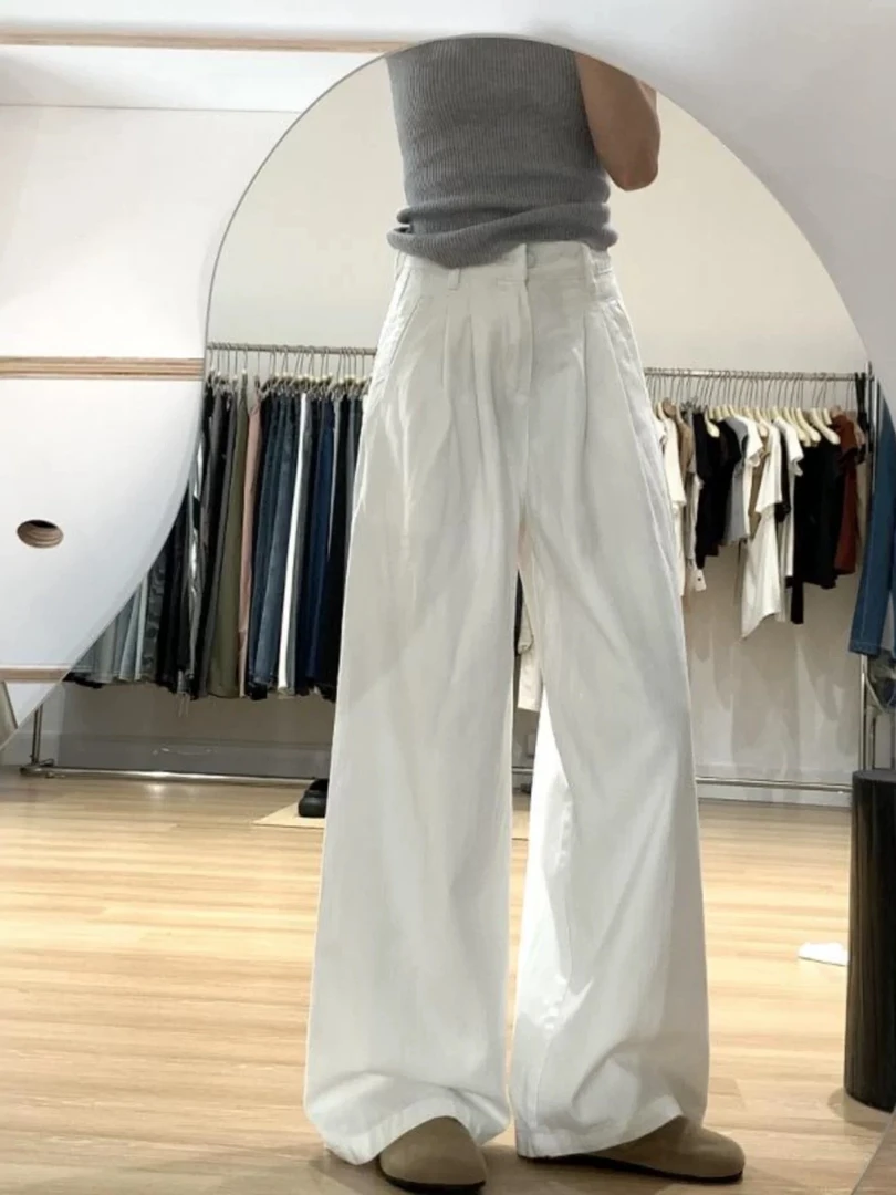 白色宽松阔腿牛仔裤女2025春季新款高腰褶皱纹理垂感直筒拖地裤