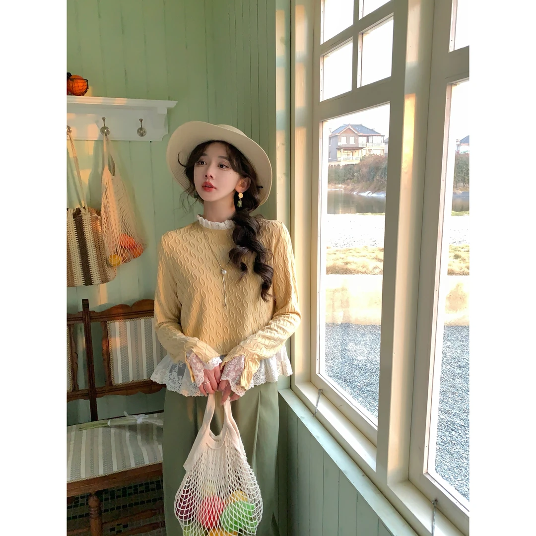 余紫绮【春日心动】春季新款假两件长袖宽松百搭打底上衣ZR3882173