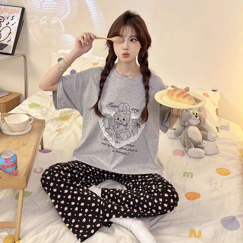 胖MM加大码宽松睡衣女夏季纯棉短袖长裤两件套装家居服2025新款