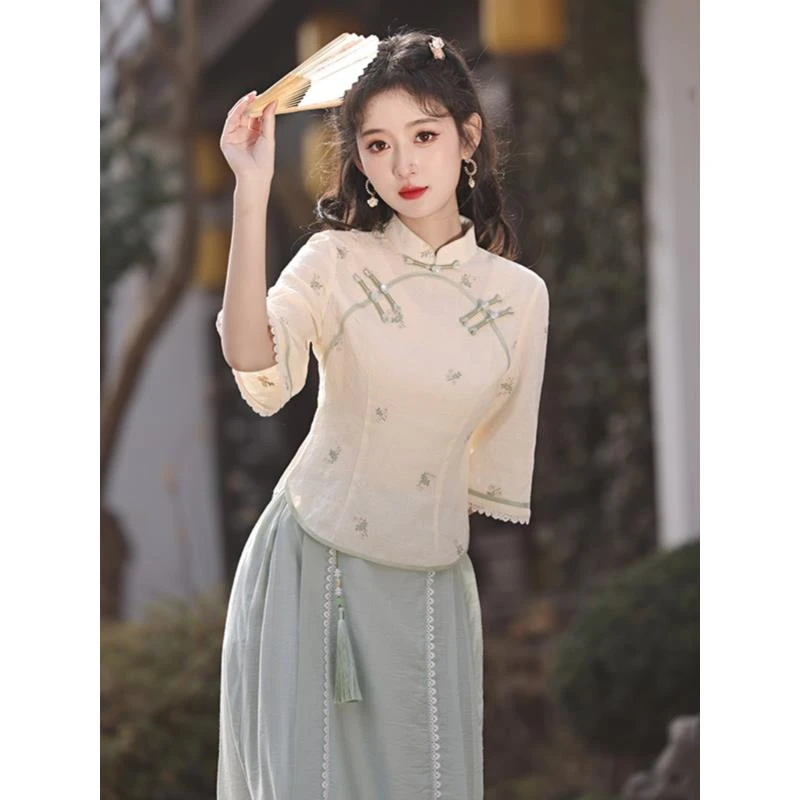 改良旗袍套装茶艺服中国风汉服文艺学生新中式连衣裙唐装长款刺绣
