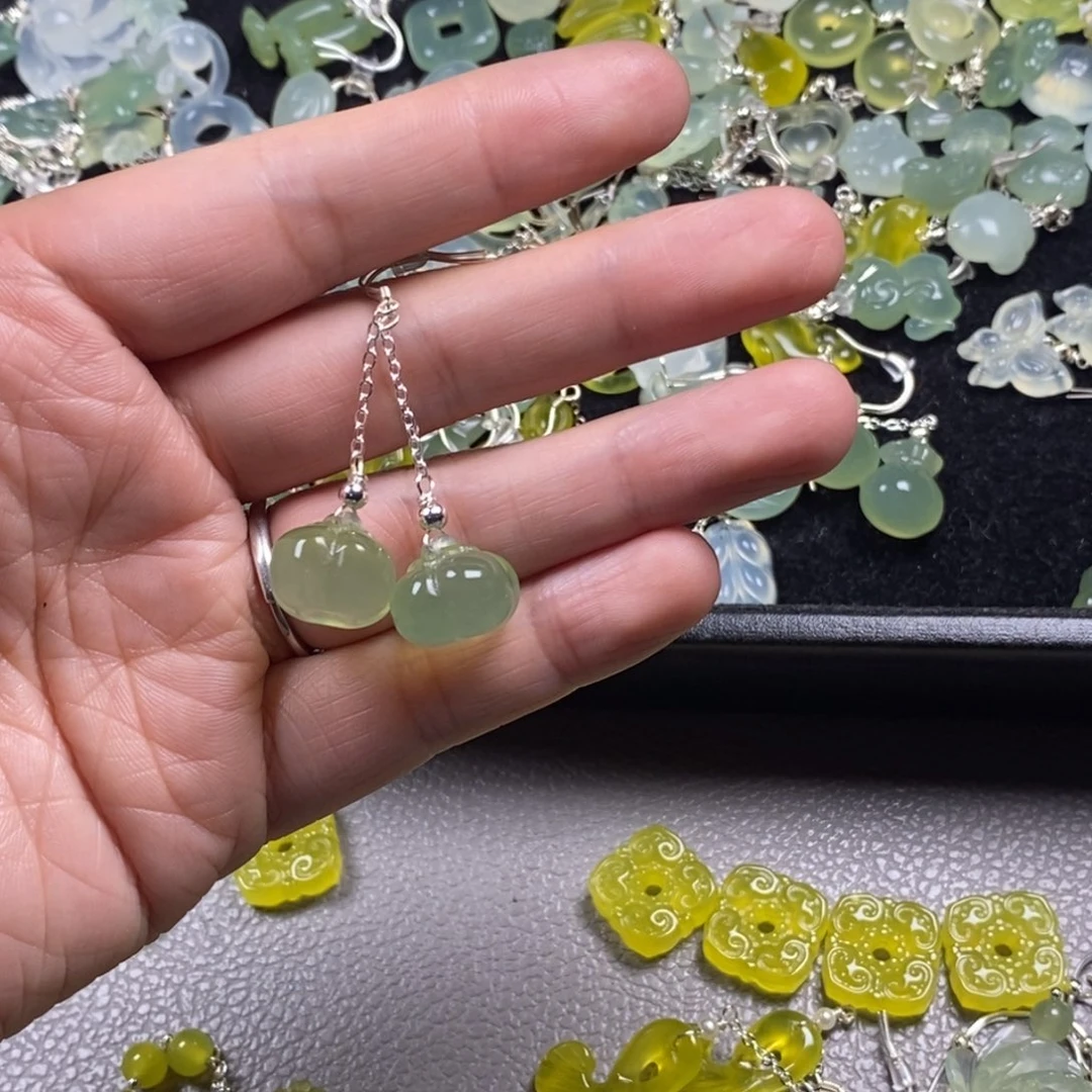 蛇纹石玉银S925镶嵌挂件耳饰耳环项链