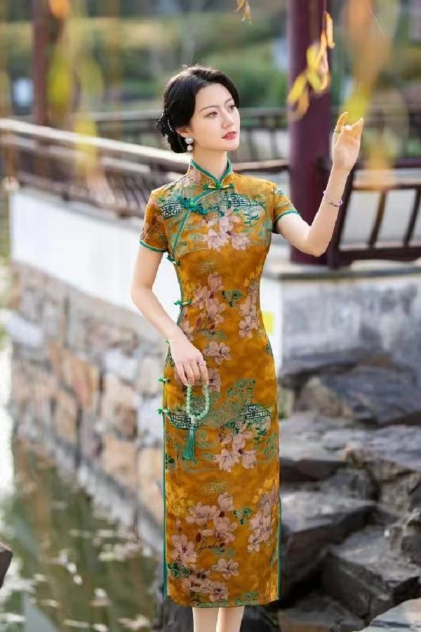 蒹葭 国风复古日常气质文艺优雅长款旗袍安诗歌