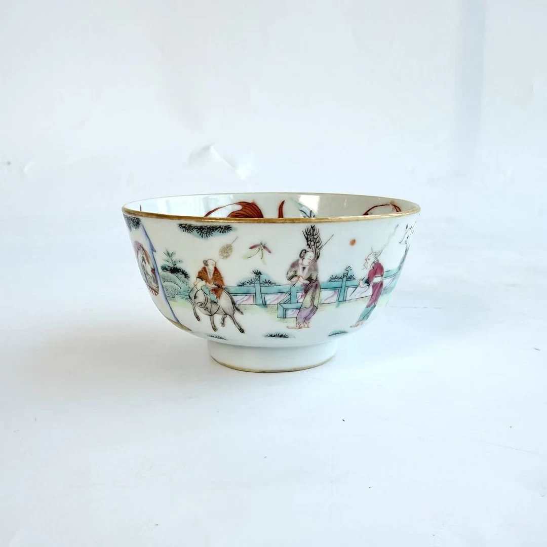 JM338清光绪-粉彩外渔樵耕读内鱼藻纹碗【古董拍卖】