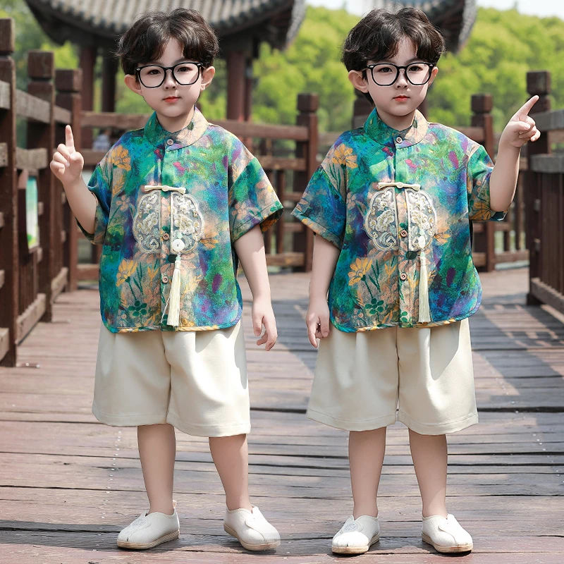 男童夏季汉服儿童中式唐装2025新款短袖短裤套装小宝宝六一表演服