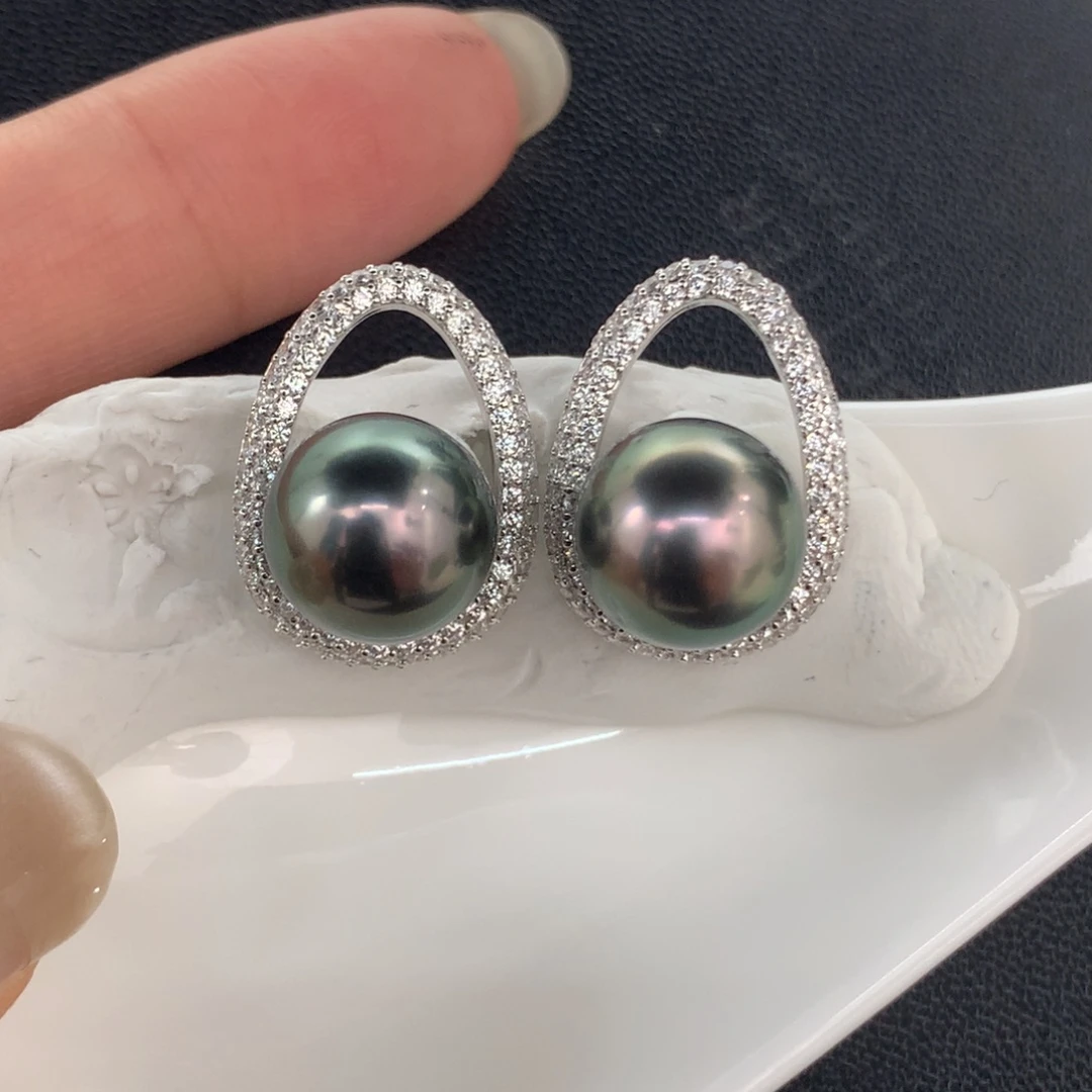 定制海水珍珠银S925镶嵌耳饰10-11mm大溪地裸珠两颗