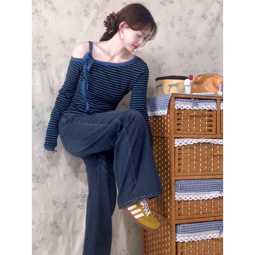 韩版hiphop氛围感撞色条纹斜肩长袖T恤打底衫针织上衣女装春秋款