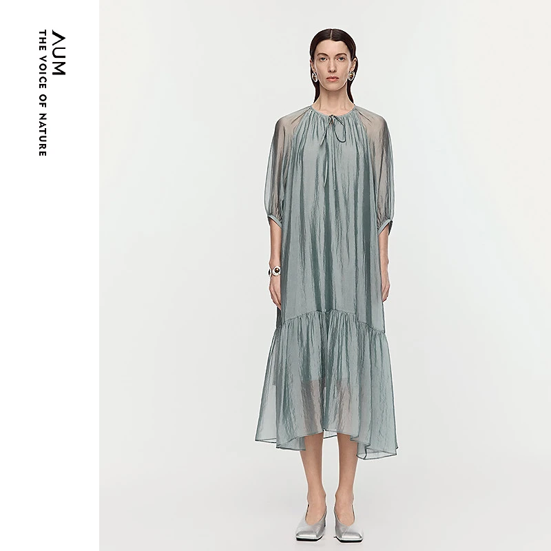 【FaFa裙】AUM/噢姆夏日桑蚕丝A摆系带六分袖圆领连衣裙M1FZ26406