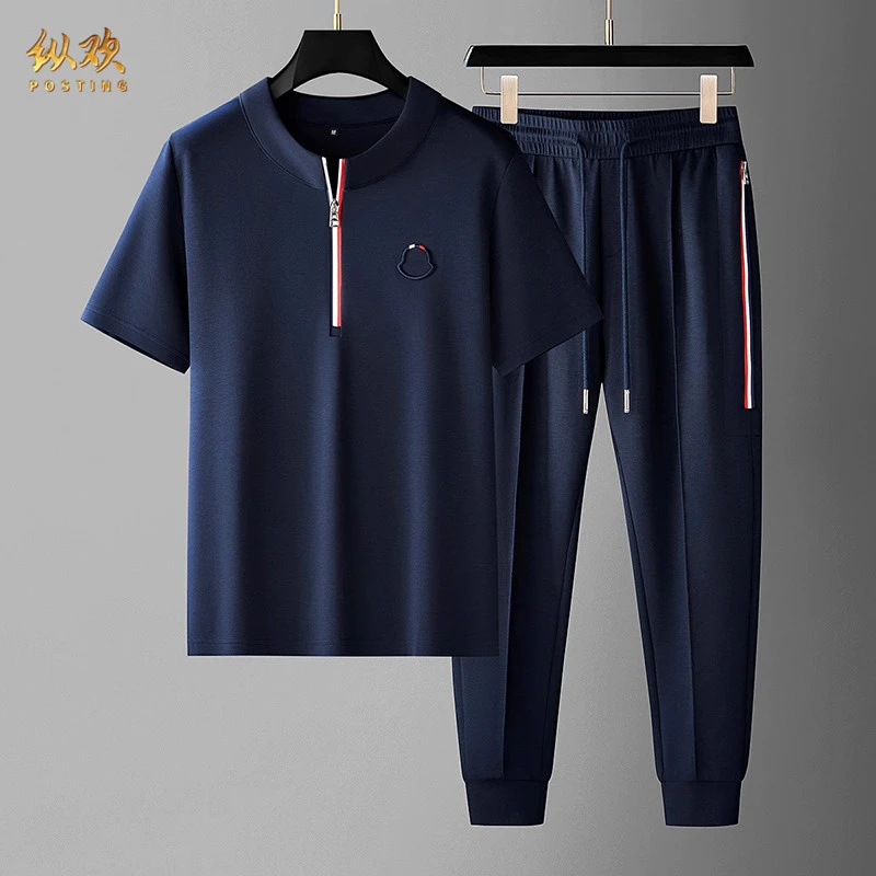 纵欢冰丝莫代尔短袖休闲运动套装男士拉链夏季宽松