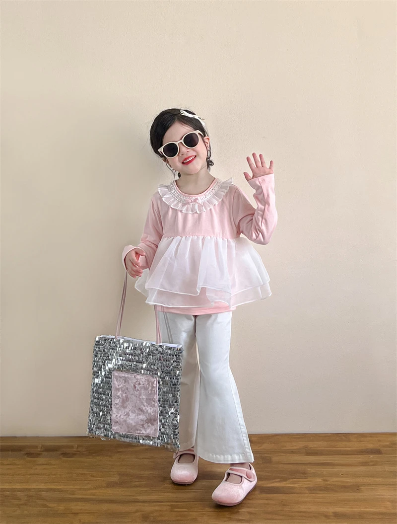 韩版女童公主粉色纱纱花边甜美小仙女上衣  白色弹力喇叭裤套装