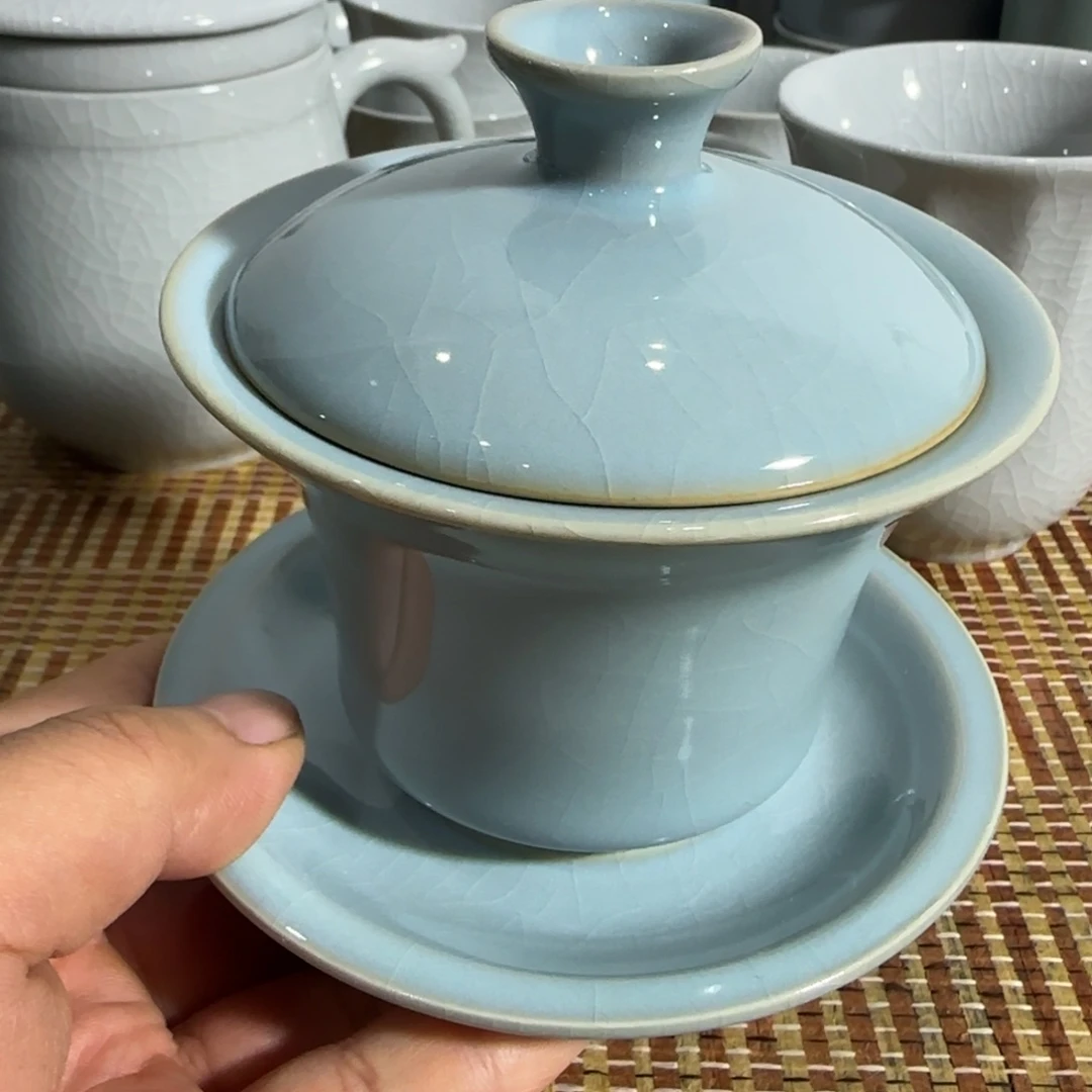 盖碗瑕原矿天青马蹄盖碗