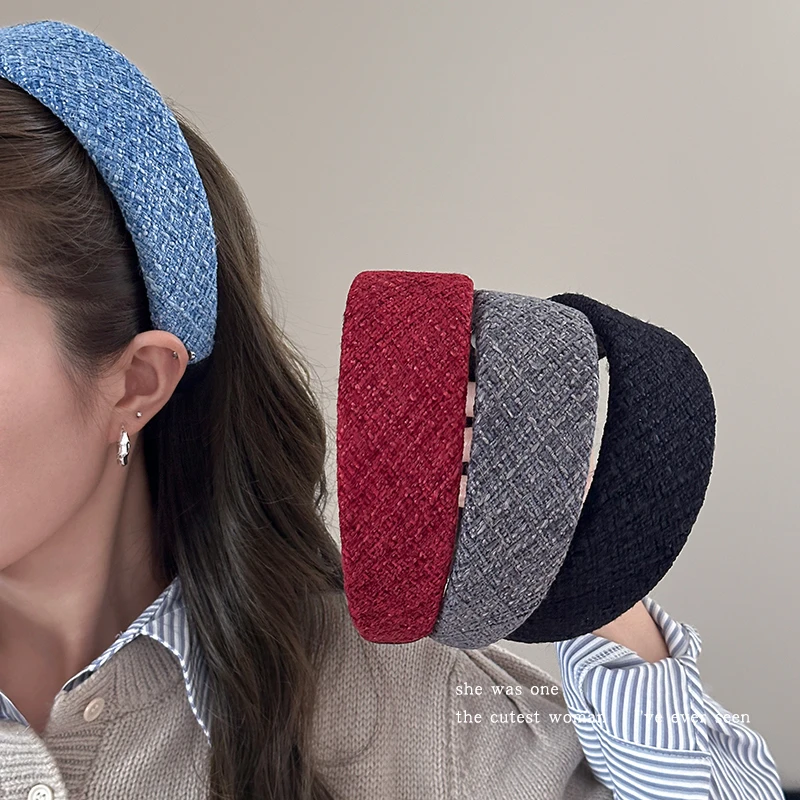 韩系毛呢宽边格纹发箍女高颅顶显脸小头箍秋冬百搭洗脸压发卡发饰