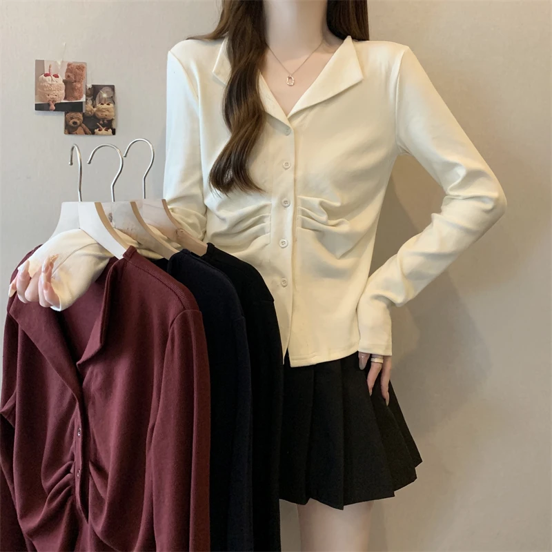 大码女装2025春季新款时尚潮流收腰纽扣长袖衬衫1526