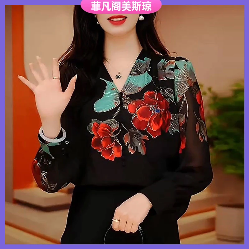 I高端印花雪纺v领衬衫女长袖夏季别致小衫宽松遮肚子洋气上衣l