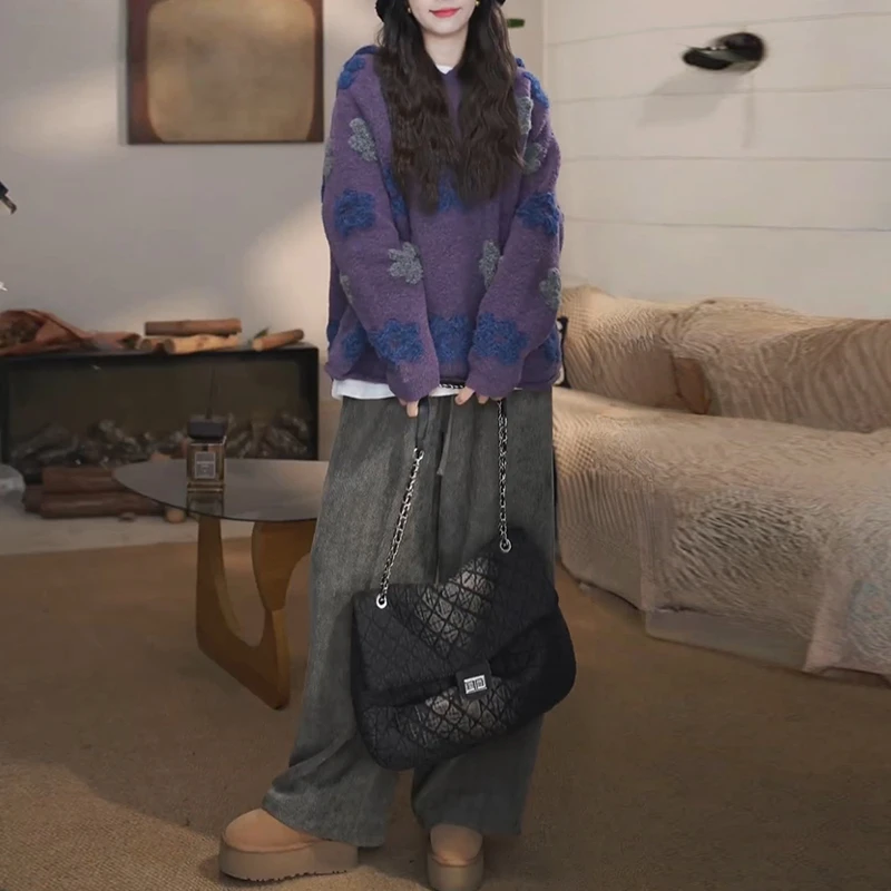 2025秋季新款潮流印花长袖上衣+高腰阔腿裤两件套女时尚百搭衣服