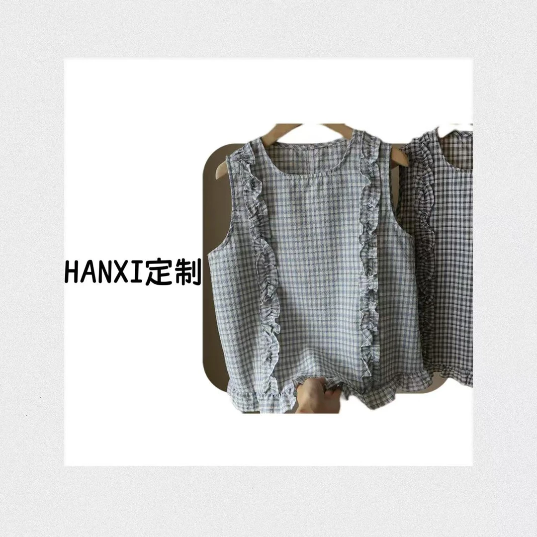 夏季木耳格纹格子衬衫圆领设计感无袖印花时尚薄款