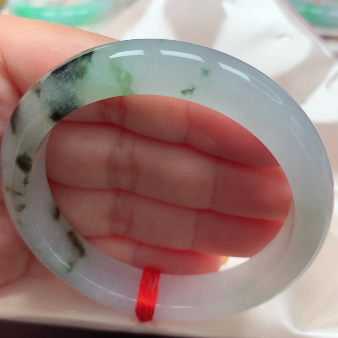 翡翠未镶嵌手镯24冰胶飘花水墨绿花