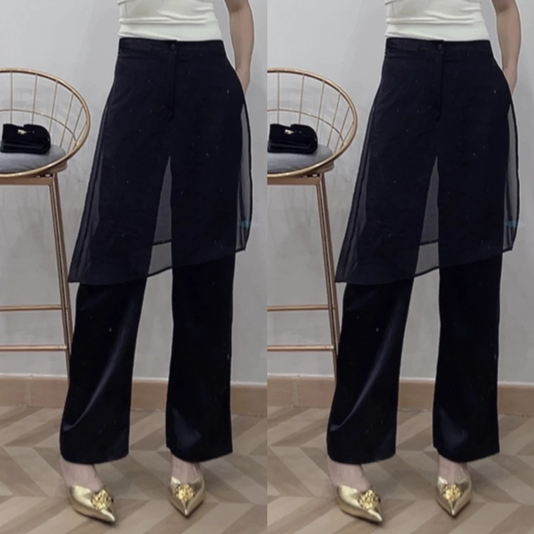 拼纱围裙阔腿裤女直筒显瘦拖地裤休闲百搭春夏洋气长裤气质