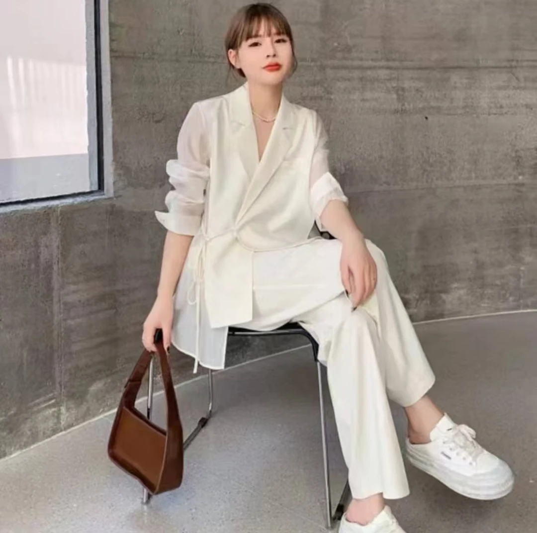 【25年上新】薄西装套装女高级感时尚职业高端阔腿裤两件套-5054-NG