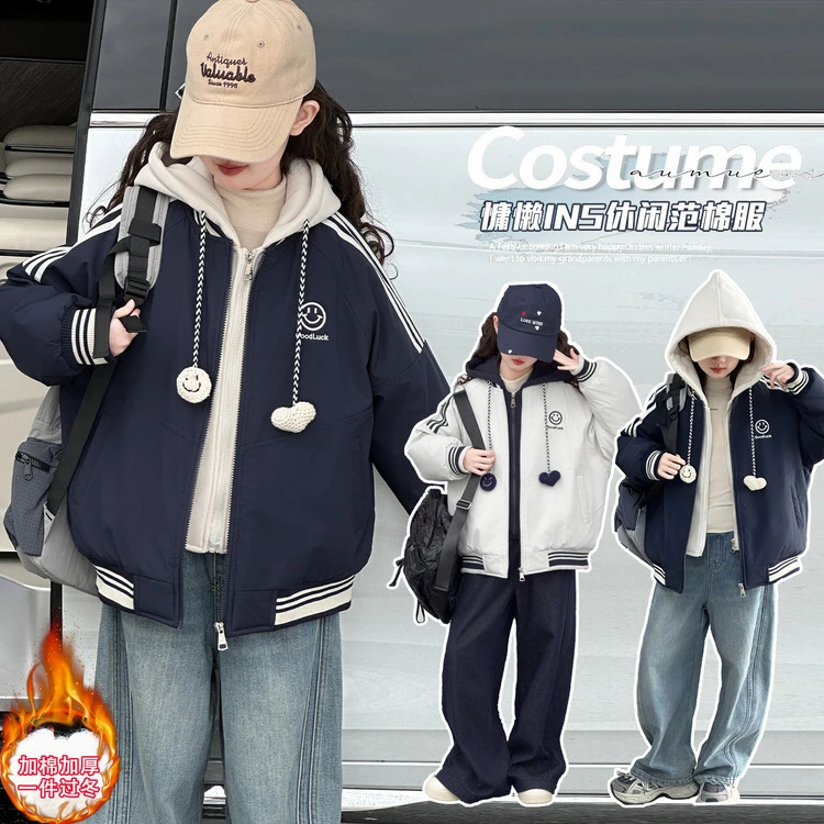 女童加绒棉衣冬季新款中大童加厚假两件连帽外套女孩韩版洋气冬装