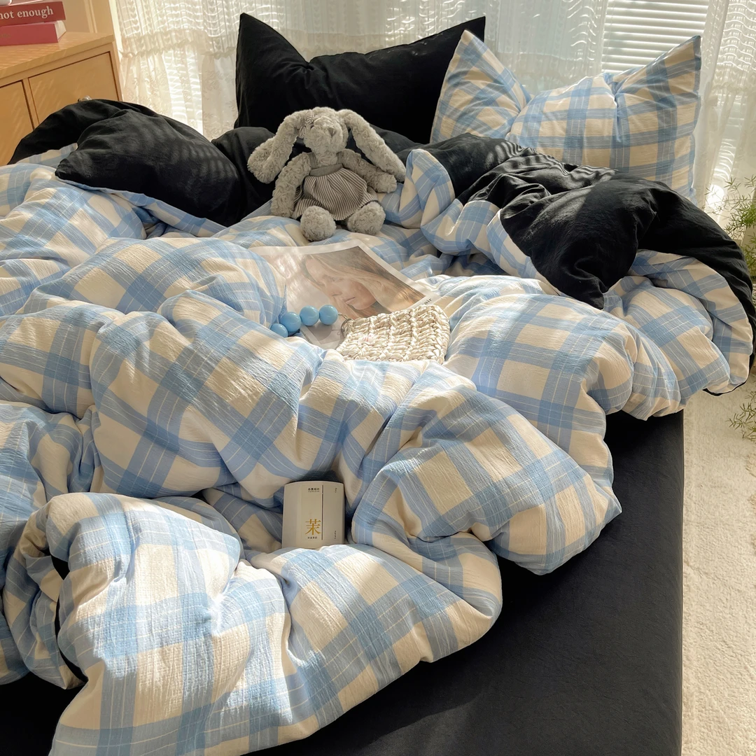 软糯泡泡纱格子四件套混搭被套简约学生三件套1.5床单1.8床单均有