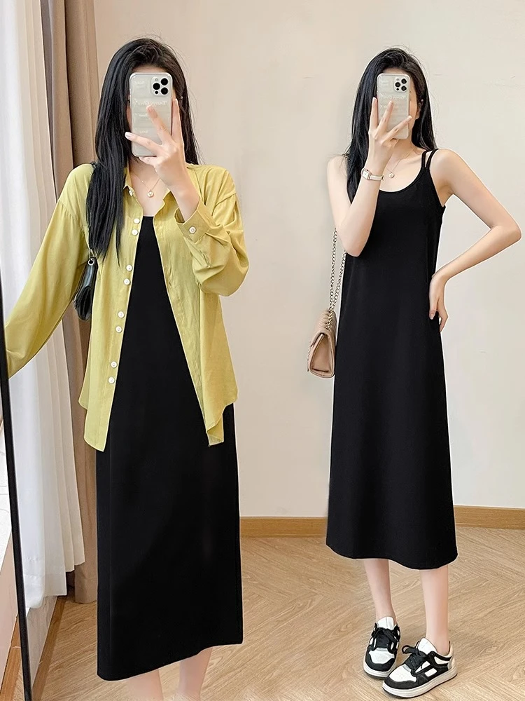 黑色吊带连衣裙女夏季高级感无袖打底裙2025新款气质小个子过膝裙