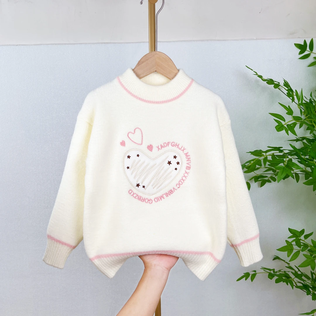 韩版公主风加厚厚款圆领女童爱心毛衣针织衫中大童洋气套头加绒
