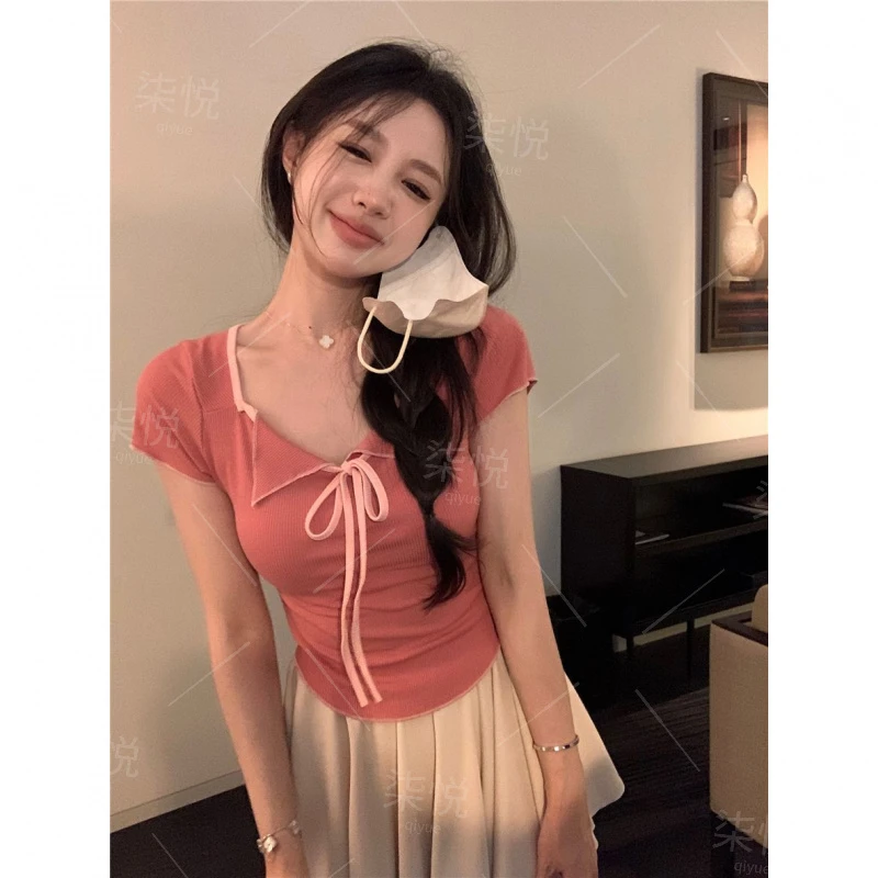 【柒悦】纯欲风辣妹小众短款显瘦性感不规则设计感抽绳别致上衣女