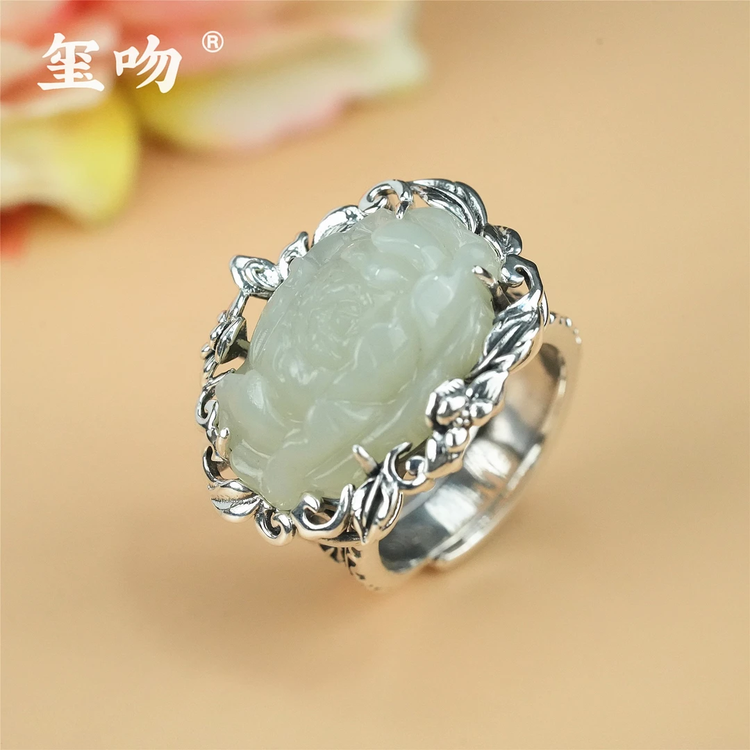 【玺吻】s925银 国色天香 天然和田玉牡丹花戒指（活口可调节）