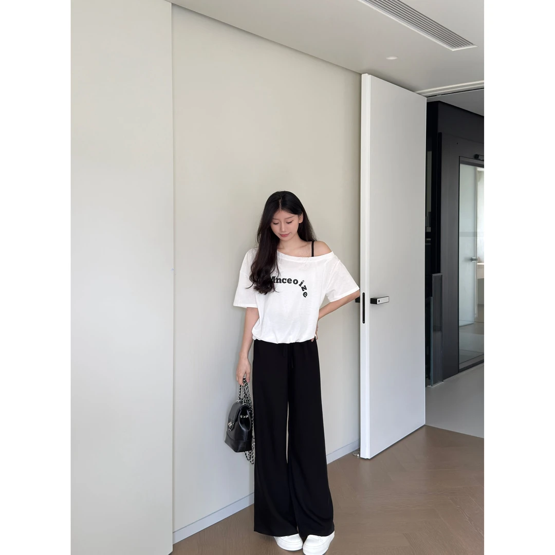 时尚宽松百搭字母印花露肩上衣T恤2025夏新款