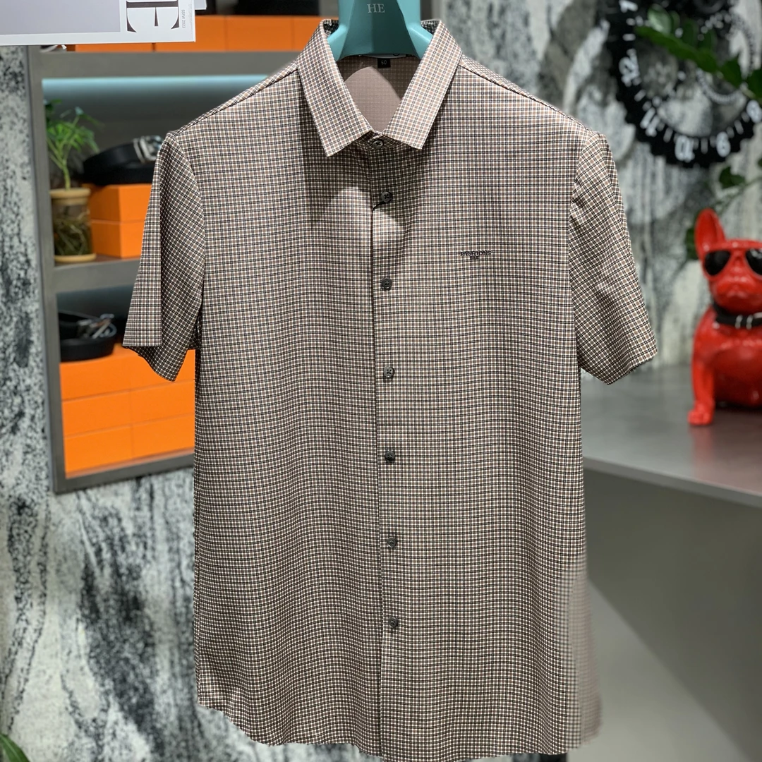 25男新款欧货高品质时尚潮流个性商务轻奢百搭翻领半袖衬衫9677