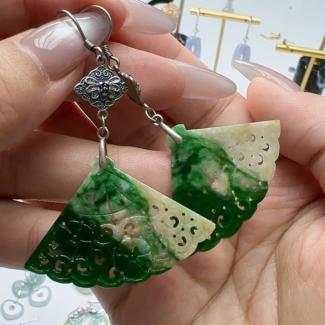银S925镶嵌翡翠耳饰杰****茶天然缅甸A货翡翠