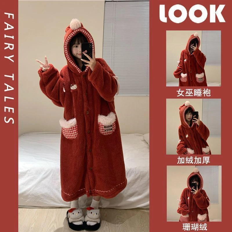 小红帽kitty猫珊瑚绒睡衣女冬季新款加绒加厚法兰绒长款连帽睡袍